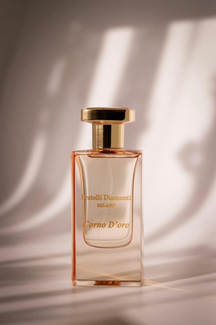 A luxurious perfume bottle with a gold cap, exuding elegance.